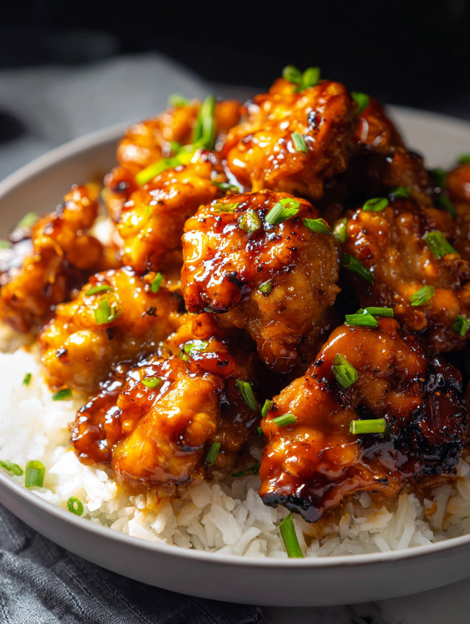 Plate showing crispy orange chicken with rice.