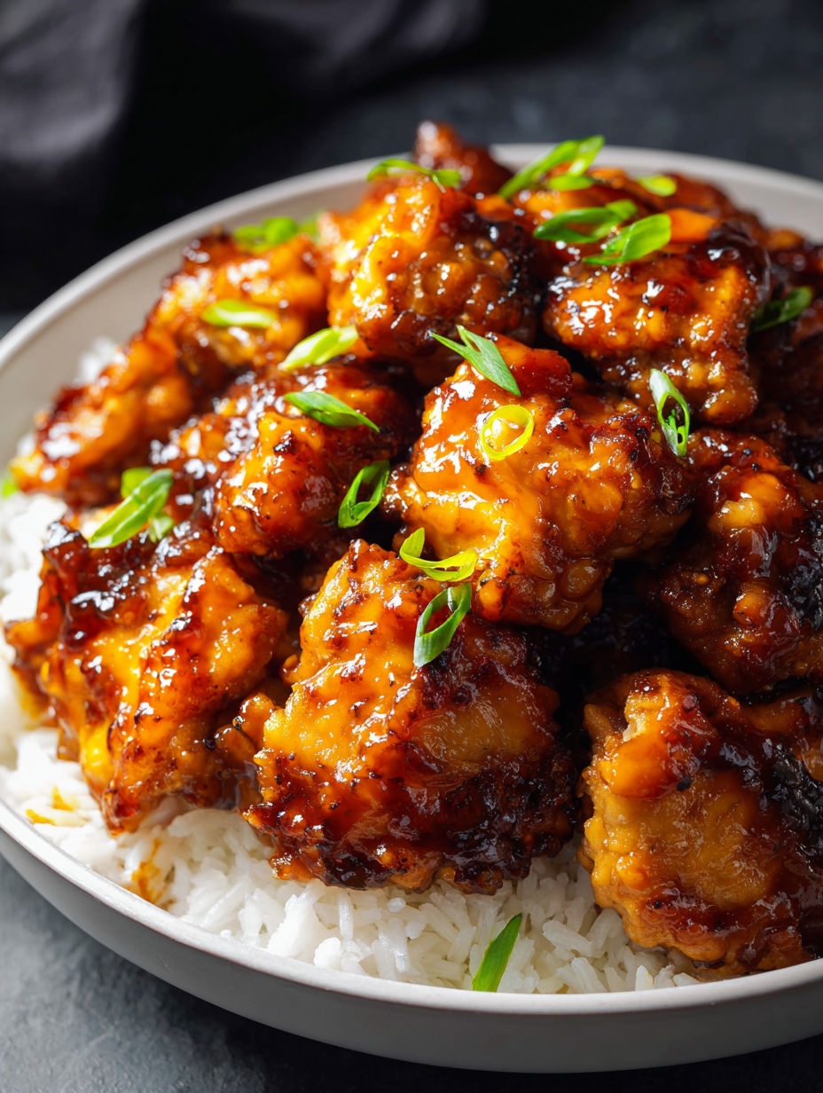 Orange chicken served with rice on a plate.