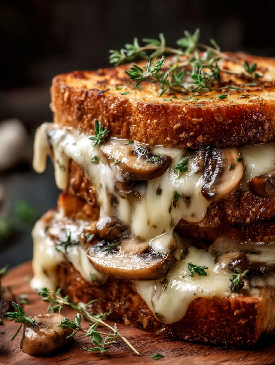 A stack of Swiss Mushroom Melt Delight sandwiches.