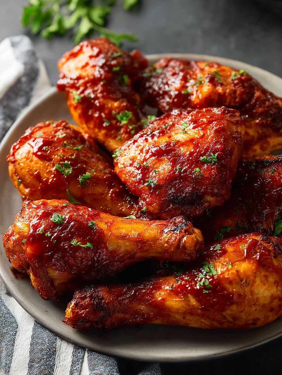 A plate of baked BBQ chicken.