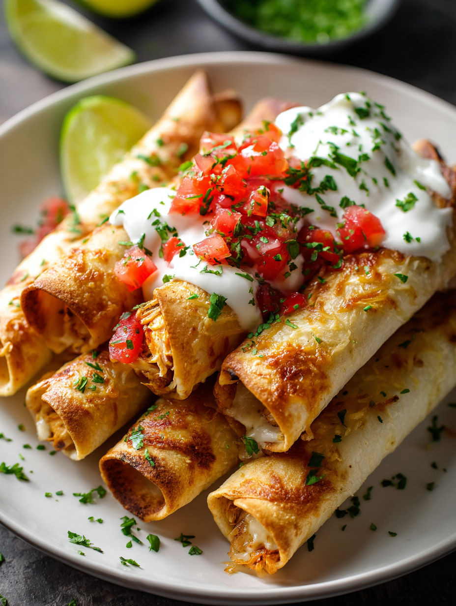 Chicken Taquitos with sour cream and tomatoes.