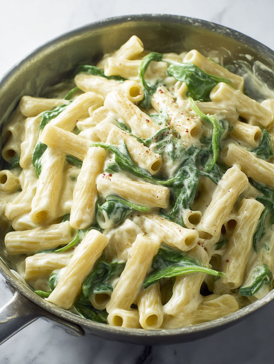 A tasty plate of pasta with spinach and cheese.