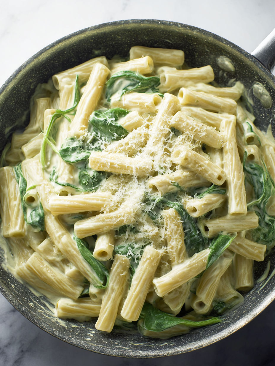 A bowl of creamy spinach pasta.