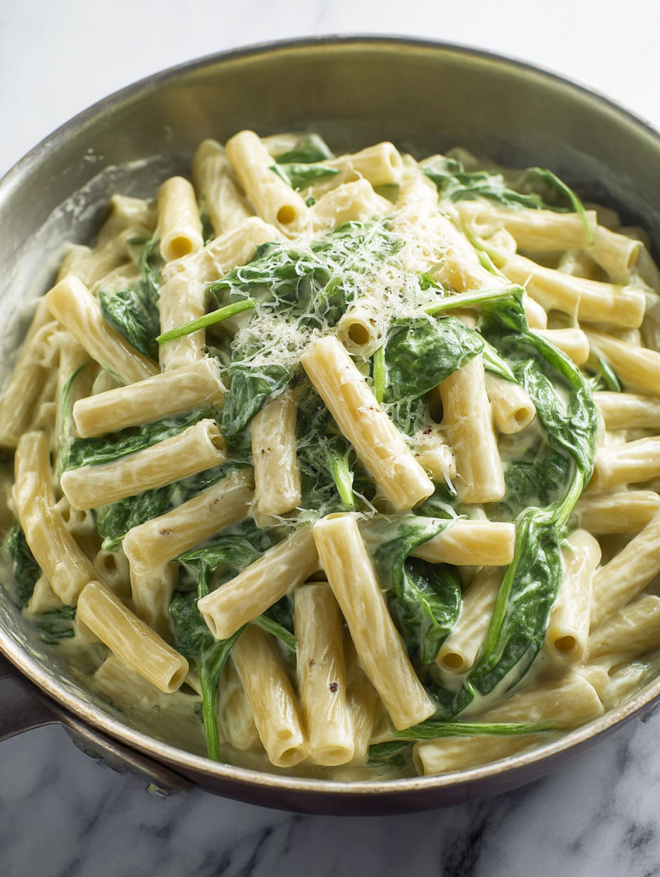 A bowl of creamy spinach pasta.