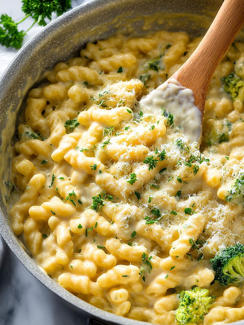 A bowl of pasta with cheese and broccoli.