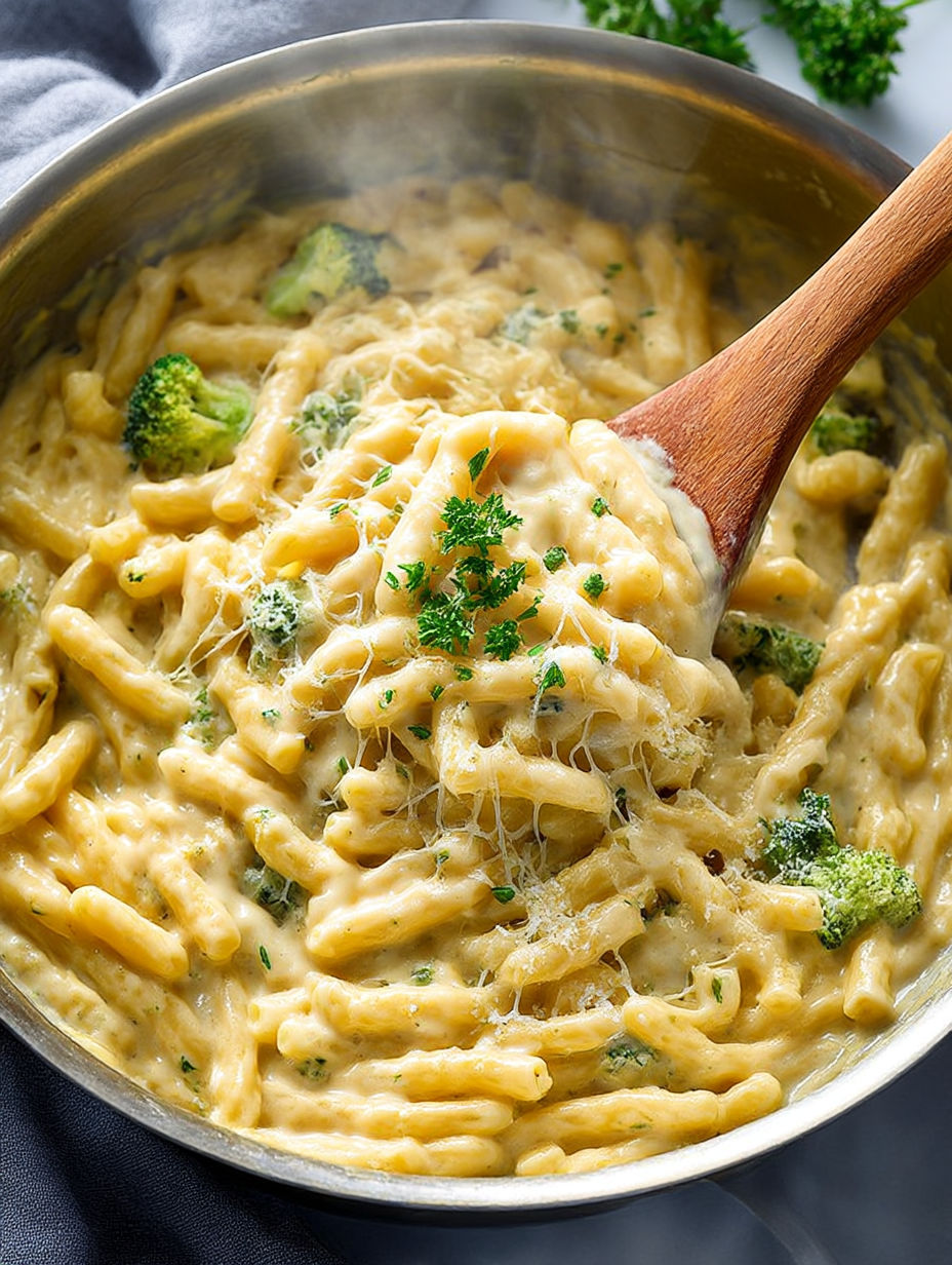 A bowl of pasta with cheese and broccoli.