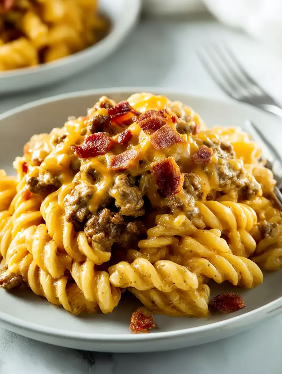 Pasta with cheeseburger flavors served ready to eat.