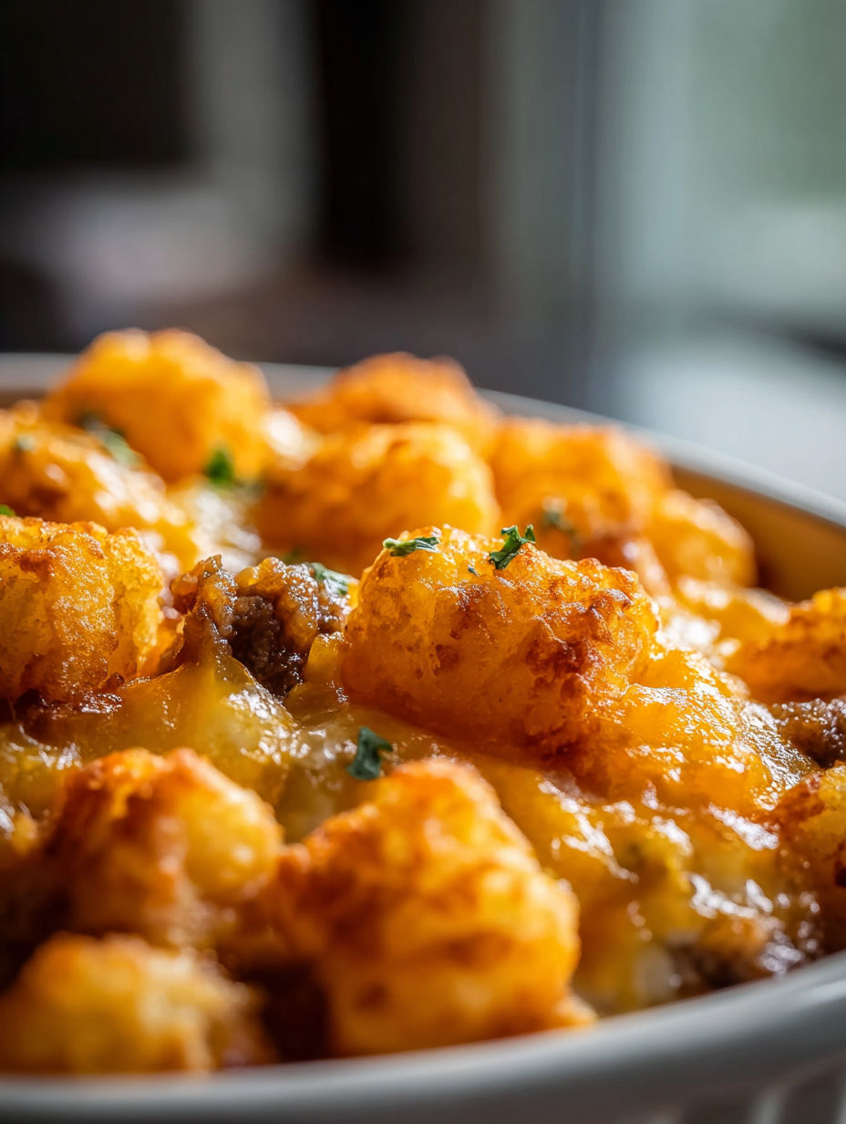Close-up shot of a tater tot casserole.