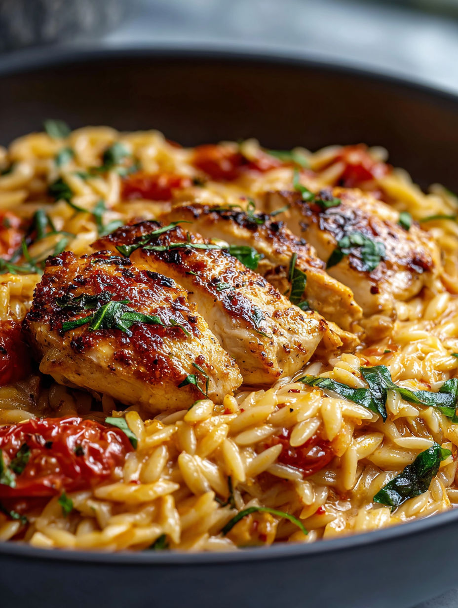 A tasty plate of chicken and creamy orzo.