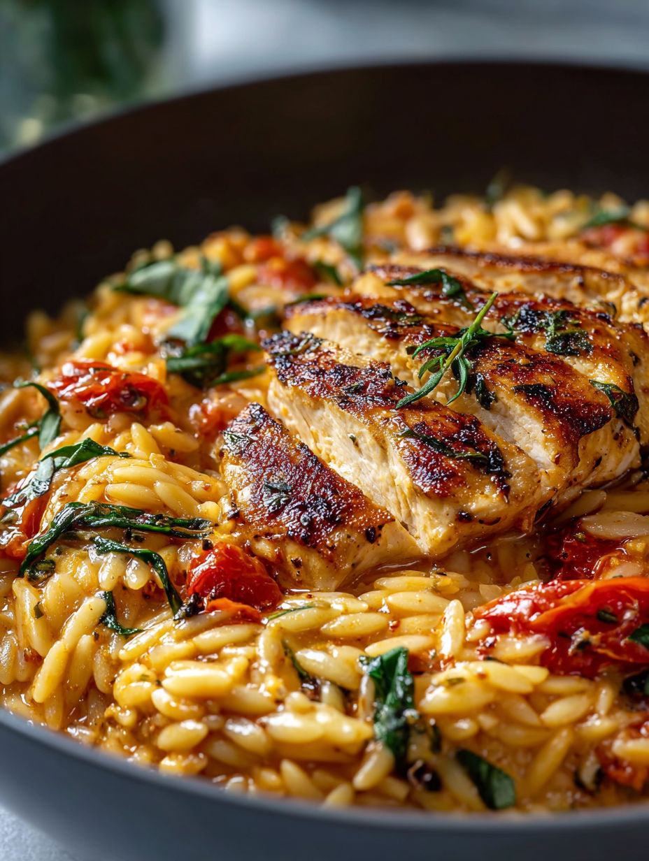 A tasty plate of chicken with orzo pasta.