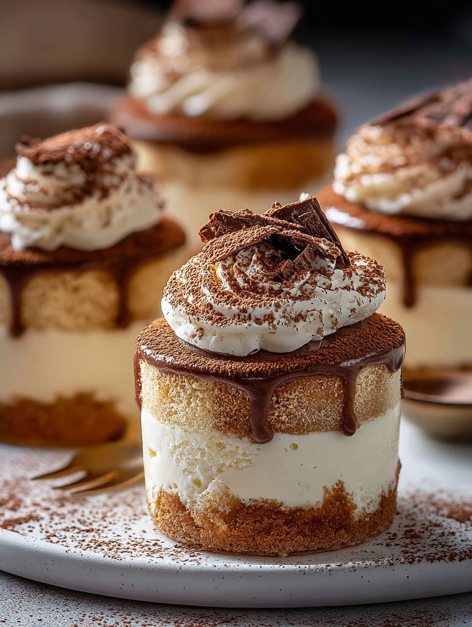 Three mini tiramisu desserts with chocolate drizzle.