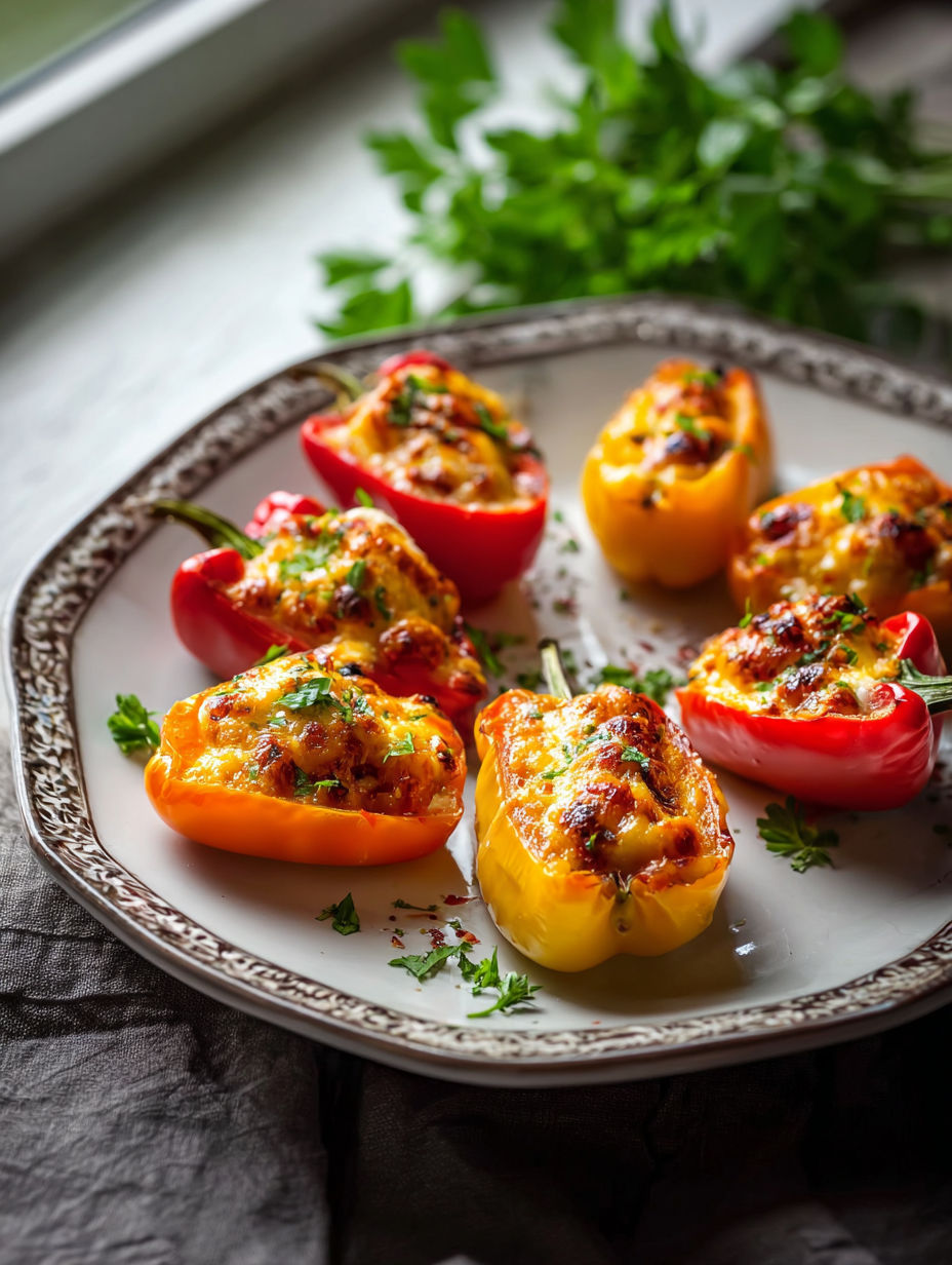 A plate of stuffed peppers with cheese and herbs.
