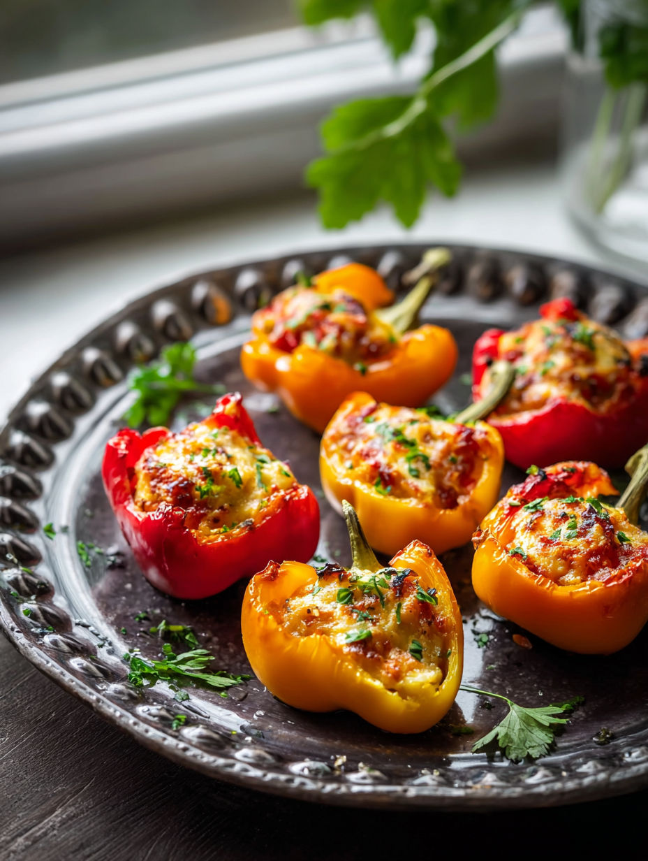 A plate of stuffed peppers with cheese and herbs.