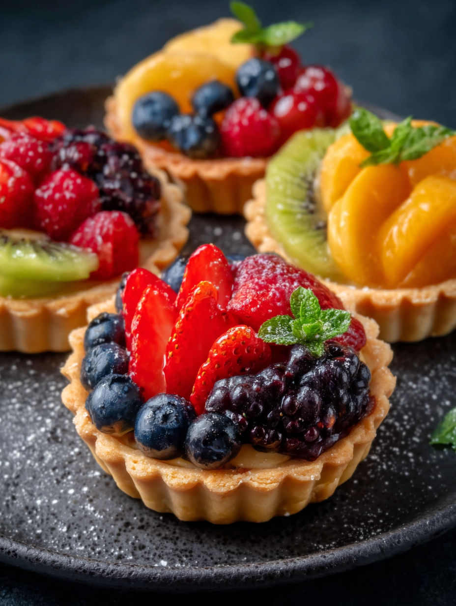 A fruit tart with strawberries, blueberries, kiwi, and raspberries.