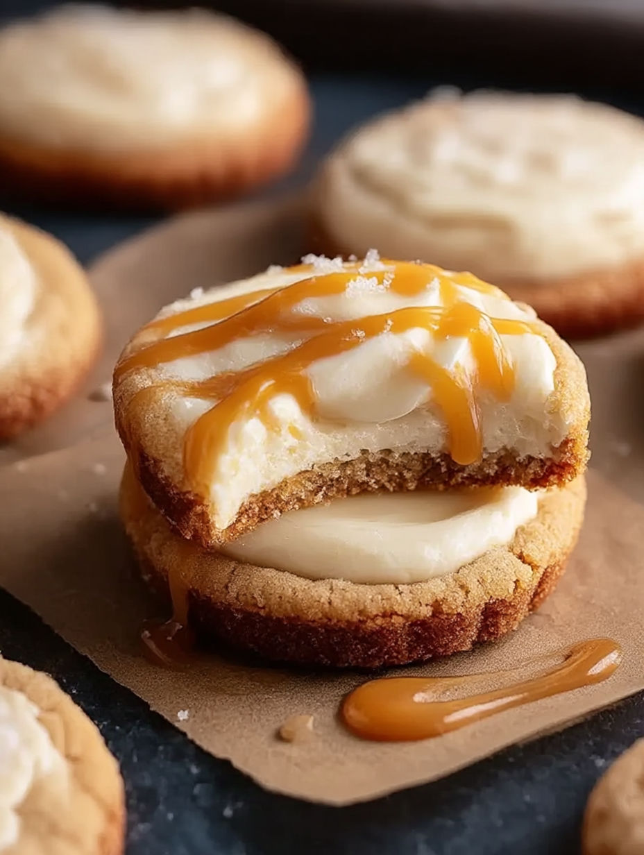 Close-up of a cookie topped with caramel drizzle.