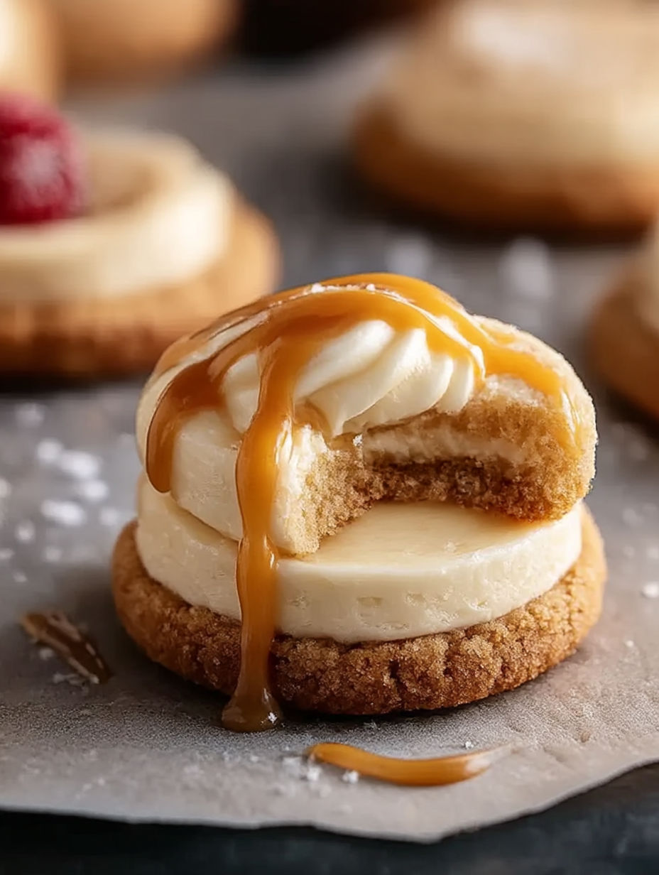 Close-up photo of cookie topped with caramel drizzle.