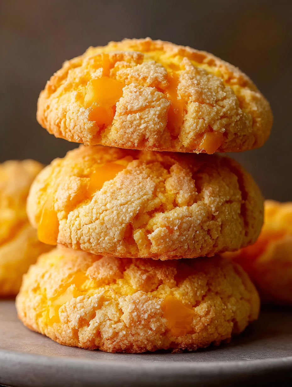 Three stacked orange cookies with cheese.