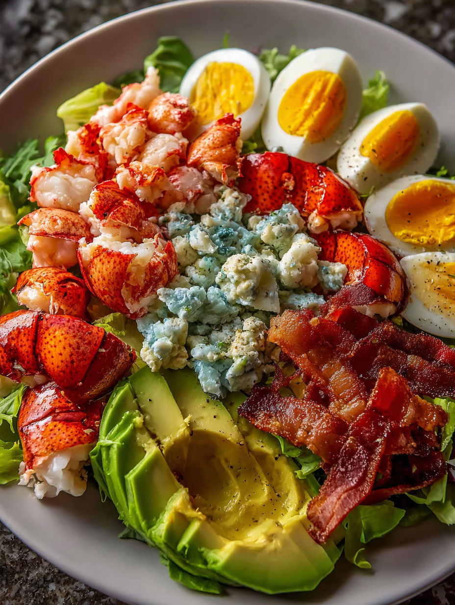 A tasty plate with shrimp, eggs, bacon, and avocado.