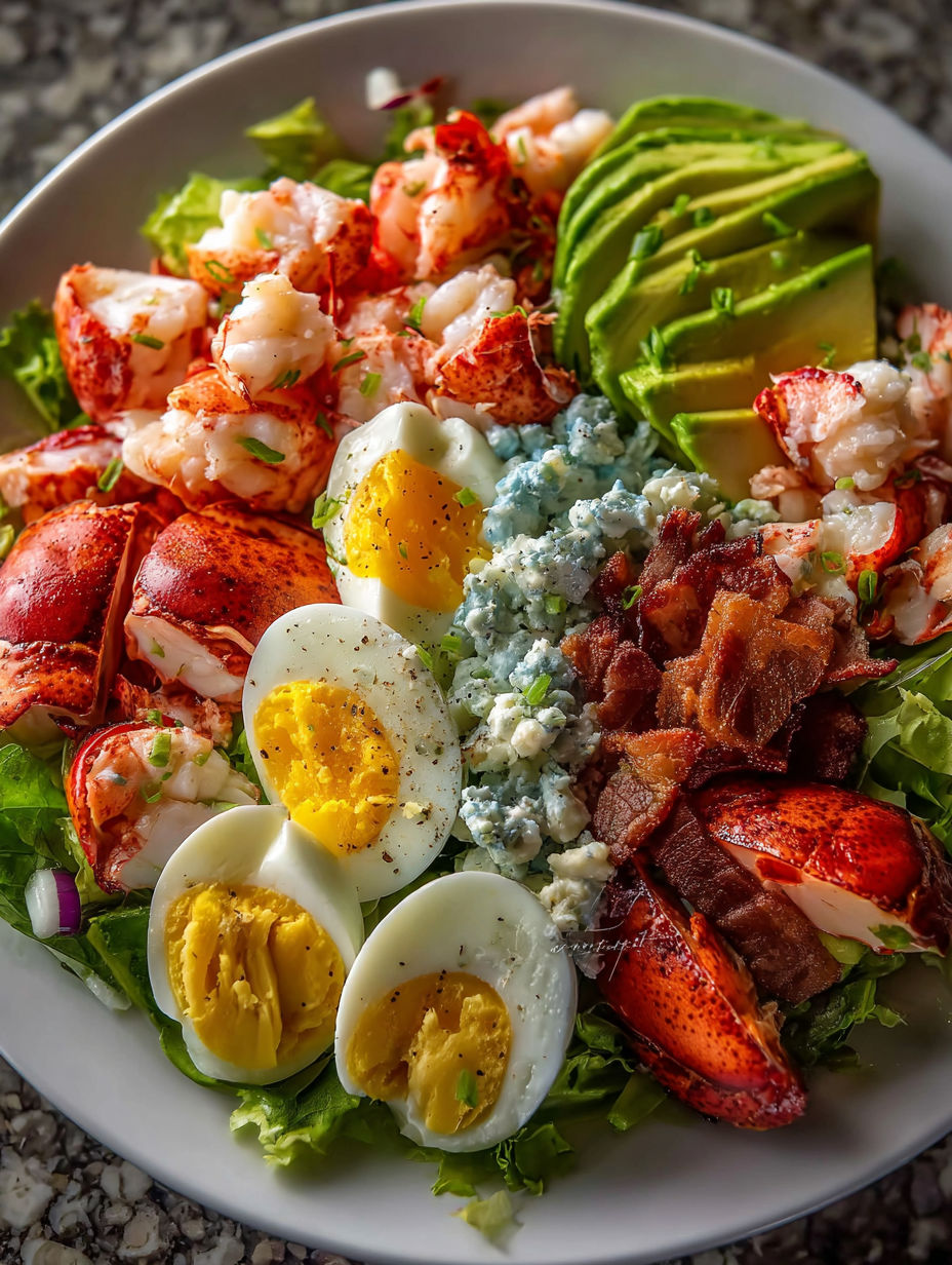 Lobster cobb salad on a plate.