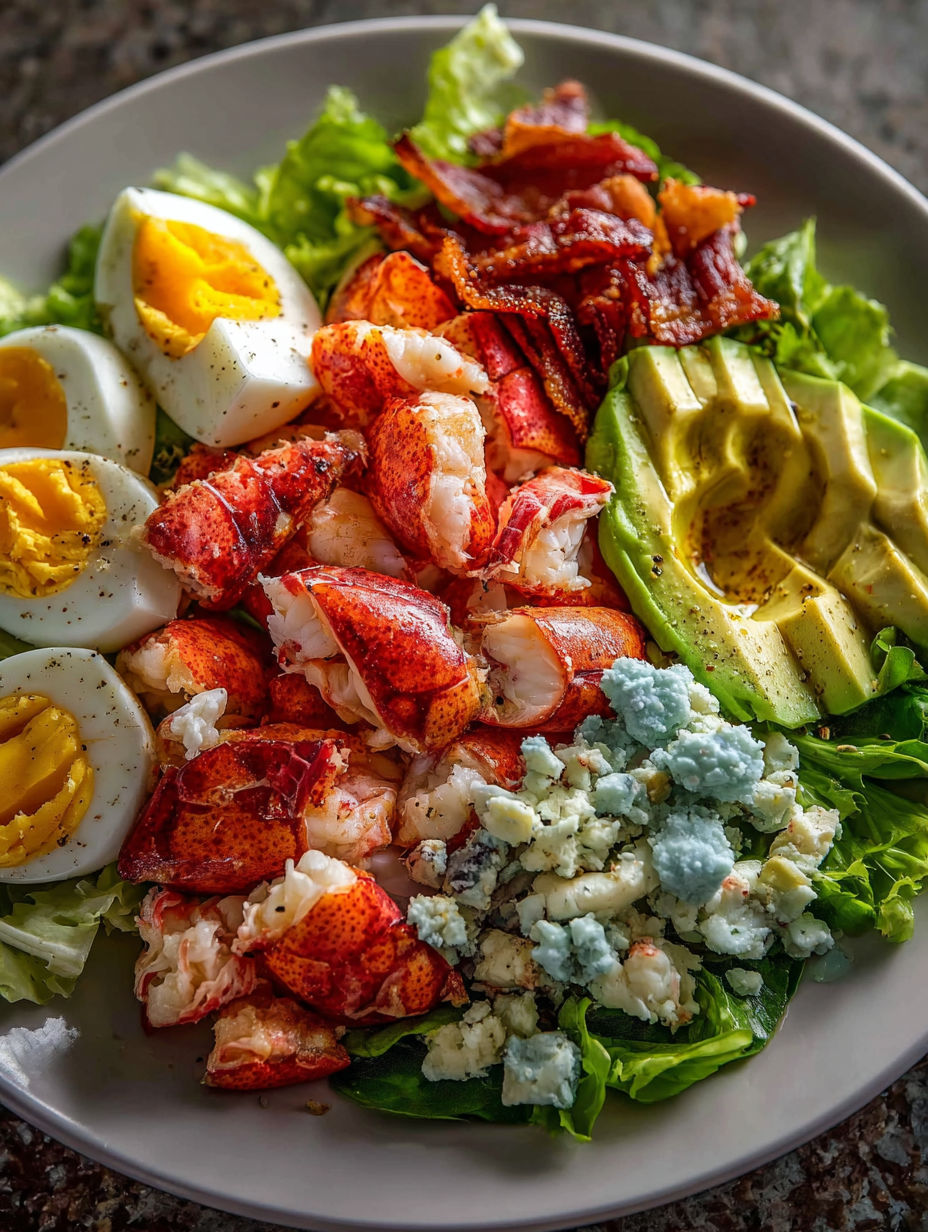 Lobster cobb salad on a plate.
