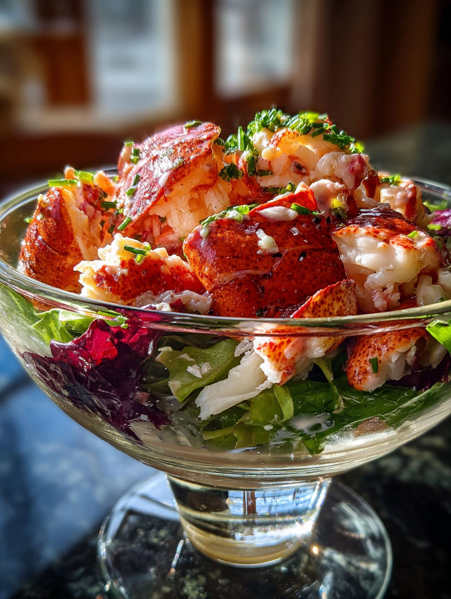 A bowl with lobster and veggies.