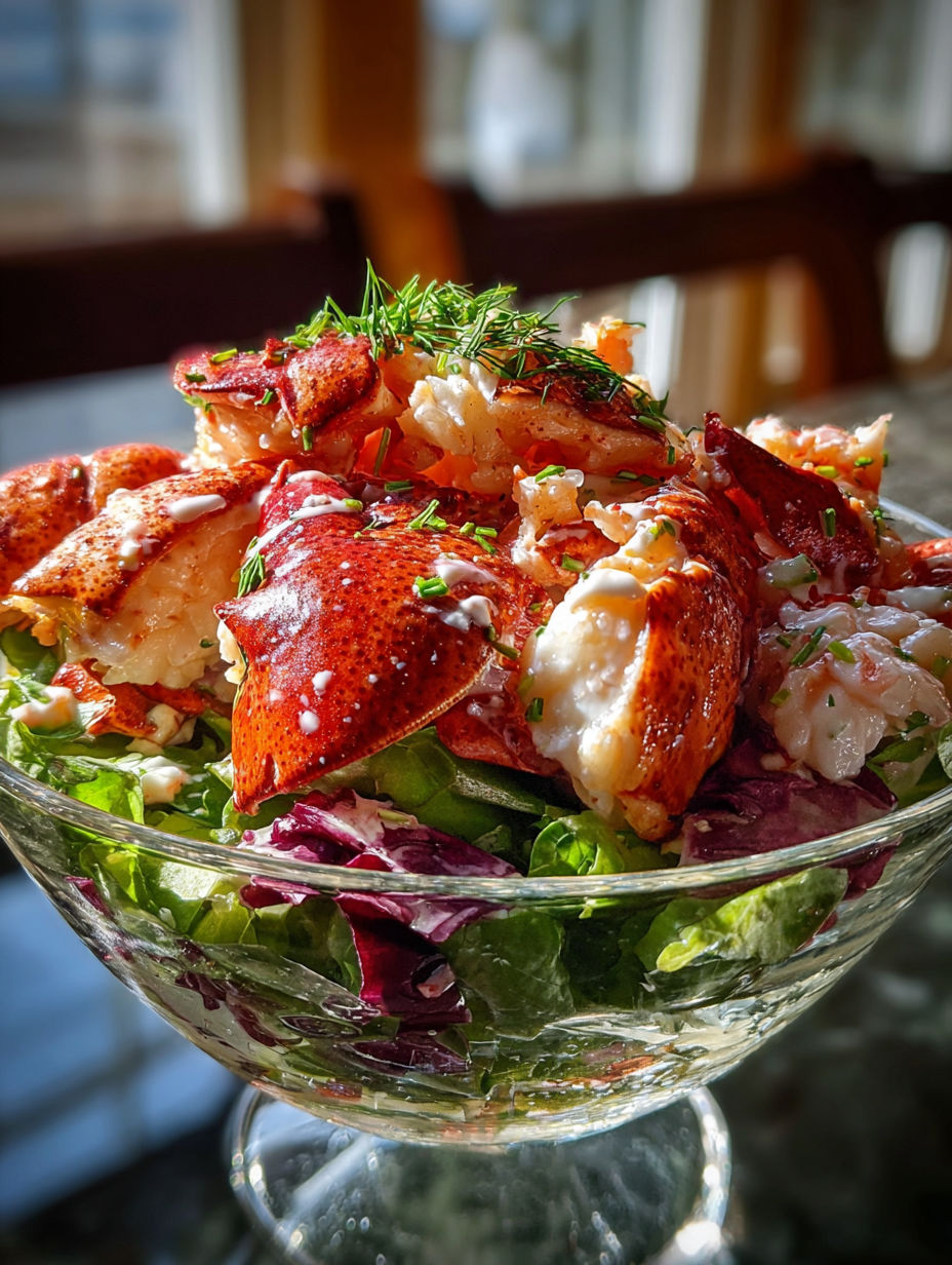 A bowl with lobster and veggies.