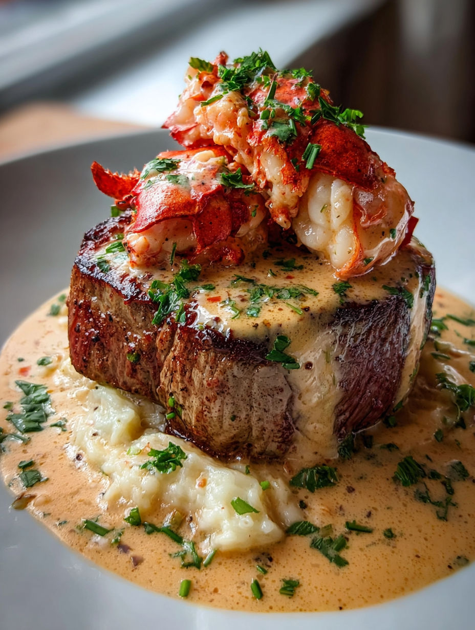 A tasty dish with lobster and steak.