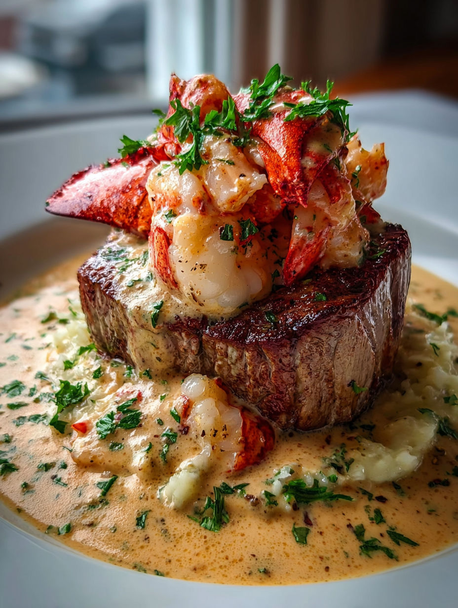 Steak topped with creamy lobster sauce.