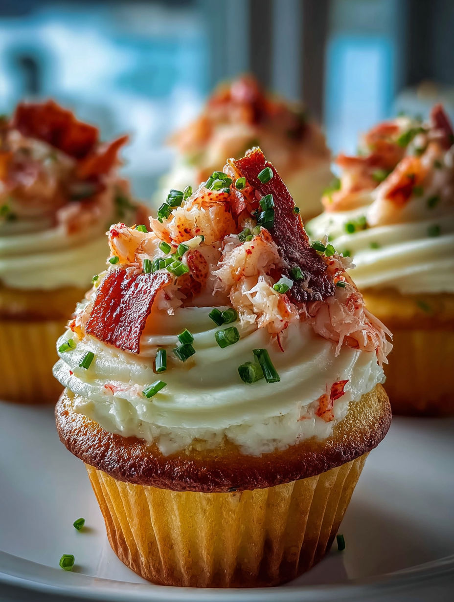 Cupcake topped with bacon and crab meat