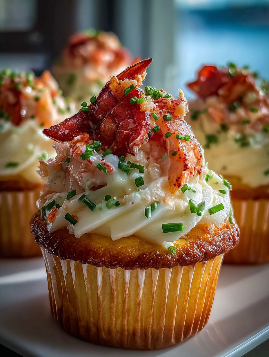 A cupcake with bacon and lobster on top.