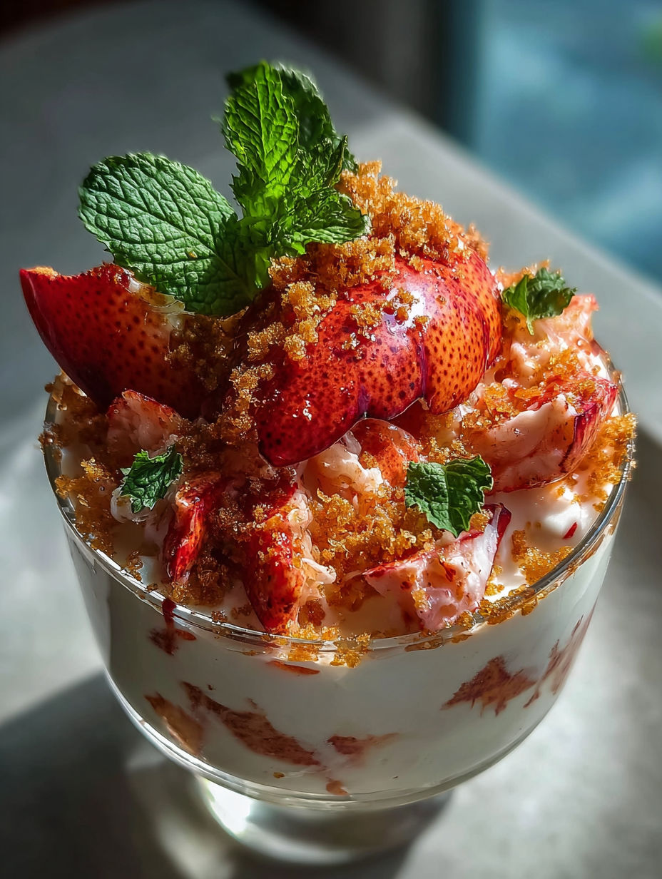 Lobster dessert with strawberries in a bowl.