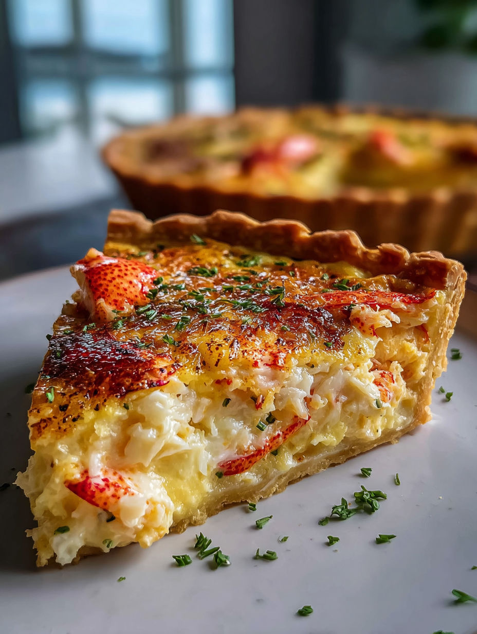 A slice of lobster quiche on a plate.