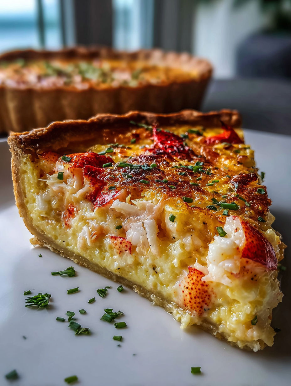 A slice of lobster quiche on a plate.