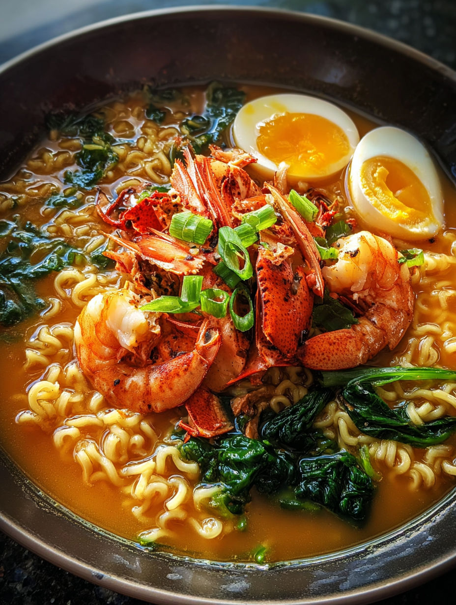 A delicious meal of noodles, eggs, and shrimp.