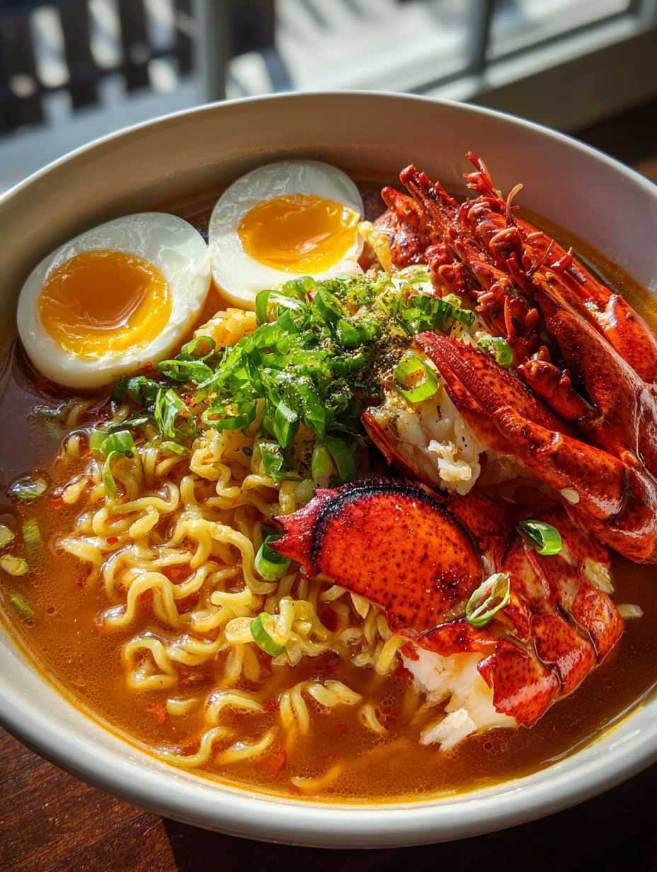 A bowl of lobster ramen with eggs and vegetables.