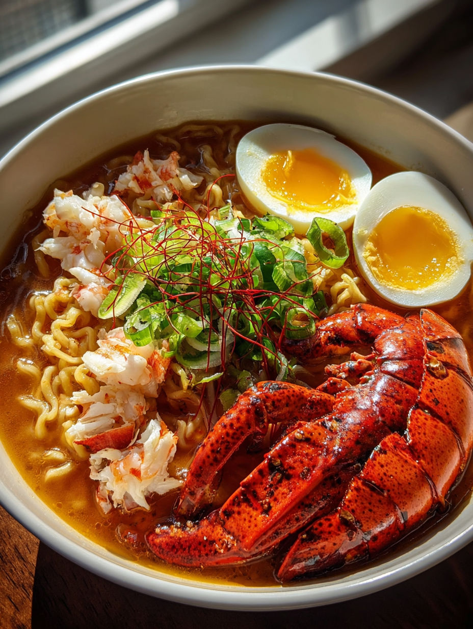 A bowl of lobster ramen with eggs and seafood.