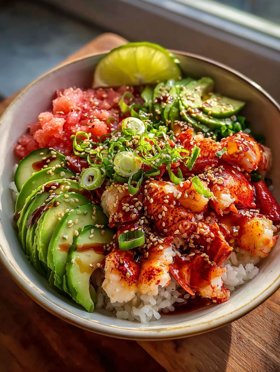 A tasty plate with shrimp, avocado, and rice