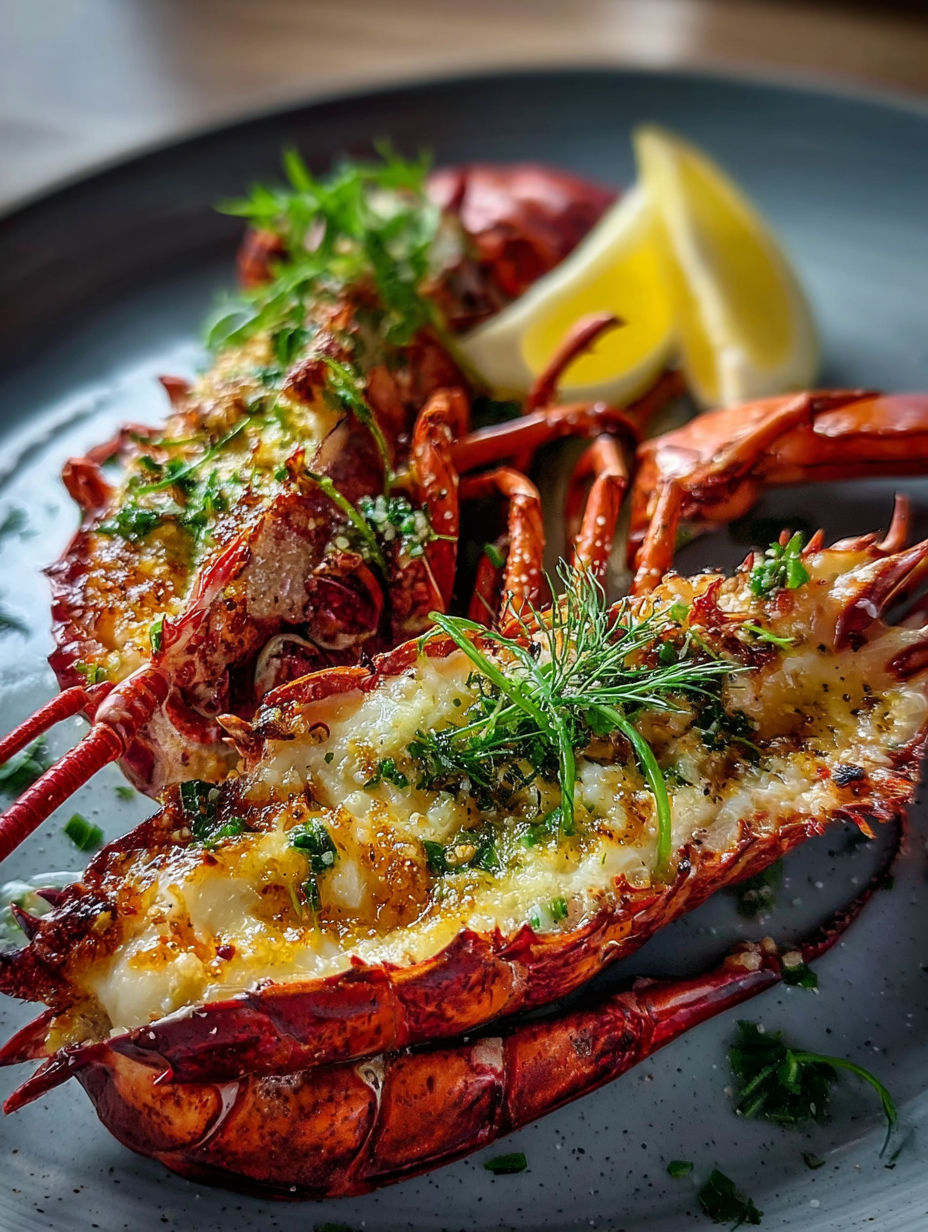 A tasty plate with lobster, lemon, and herbs.