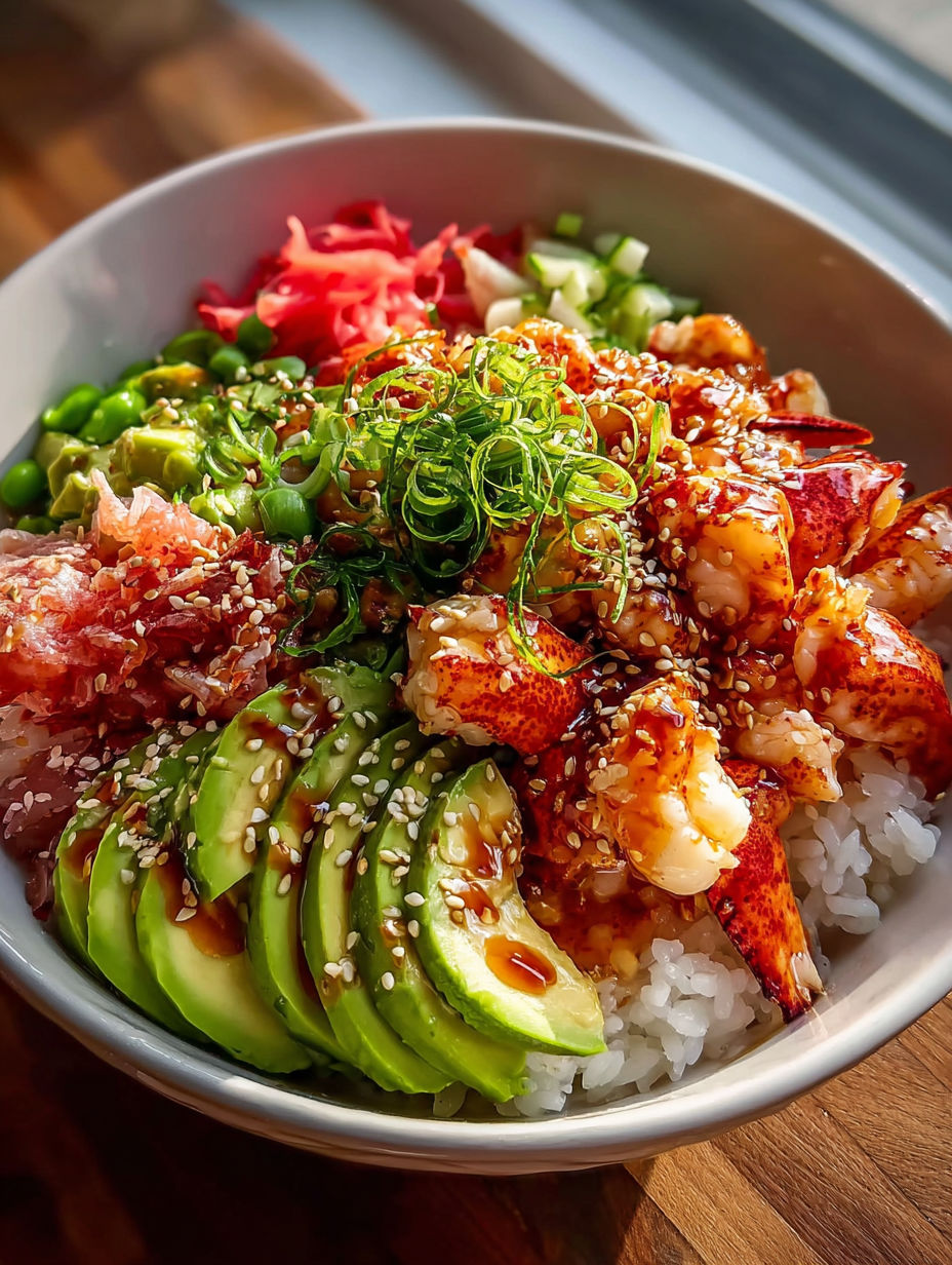 Bowl filled with lobster, avocado, and rice.