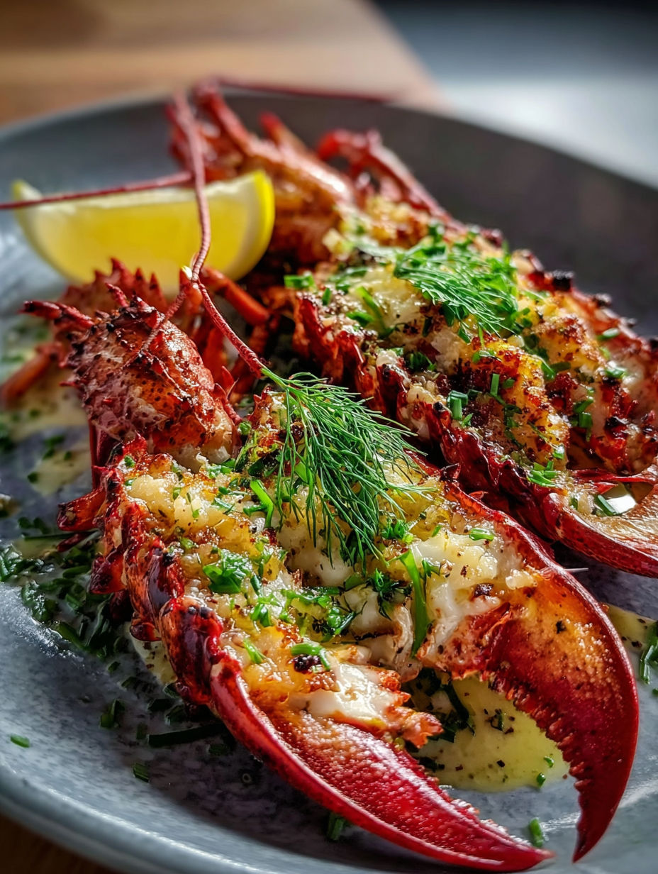 A plate of lobster with lemon and herbs.