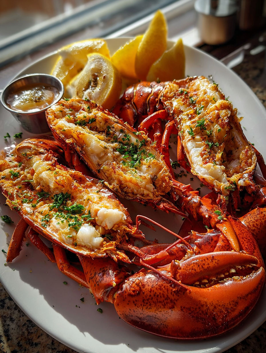 Mouthwatering lobster dish with lemon on the side.