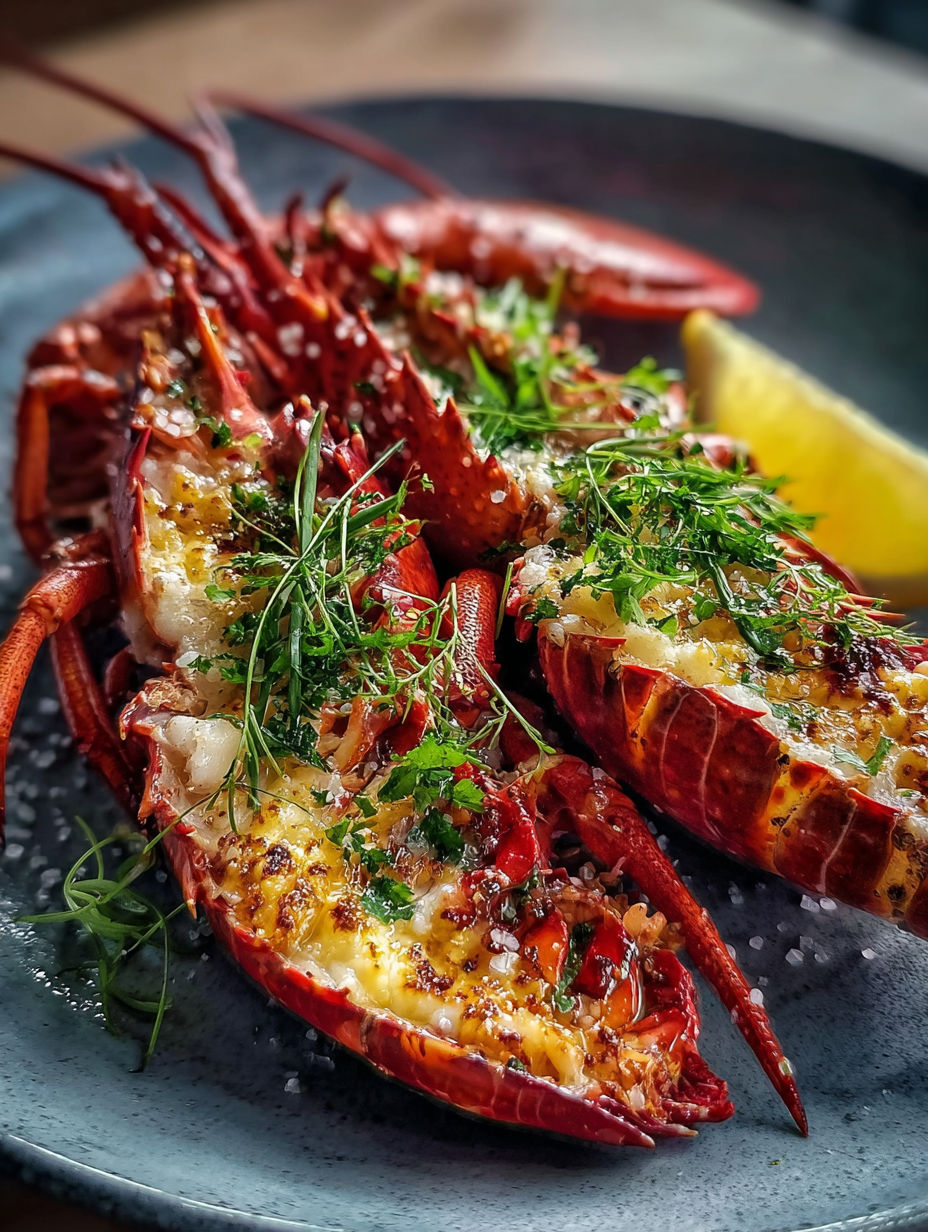 A plate of lobster with herbs and lemon.