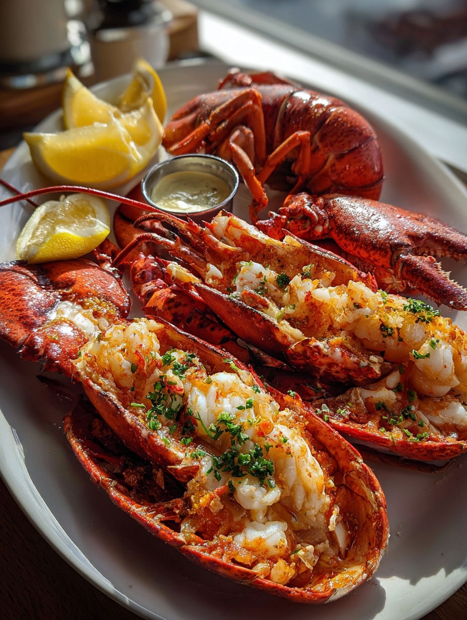 A plate of lobster with lemon wedges and butter.