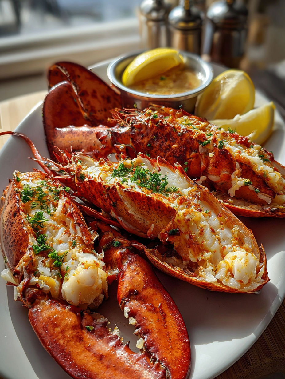 A plate of lobster with lemon and butter.