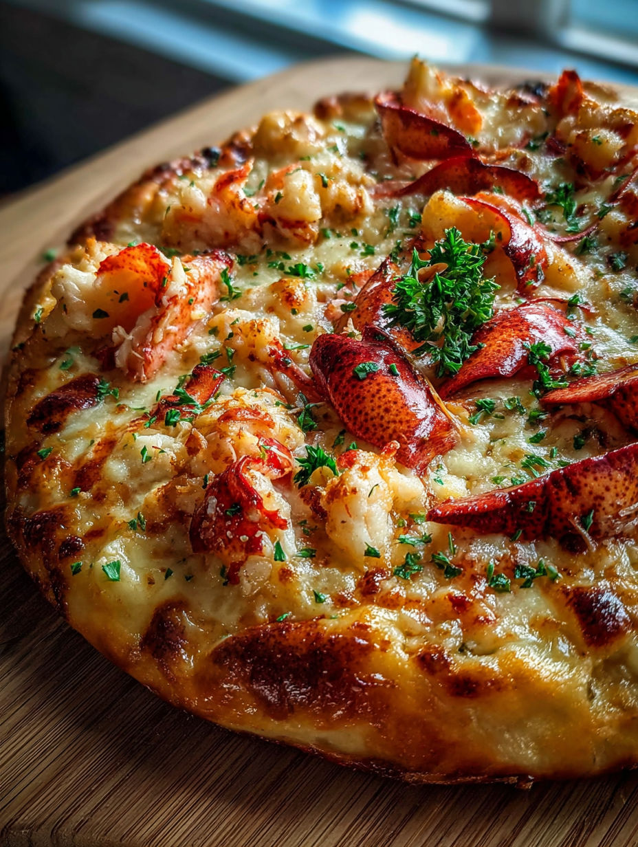 Pizza topped with lobster pieces.
