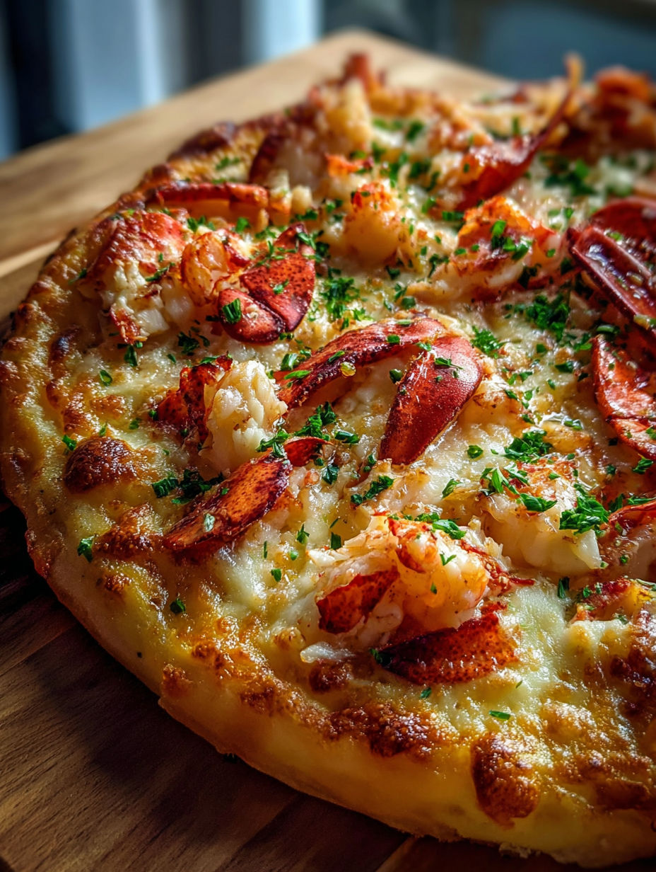 Close-up showing lobster on pizza.
