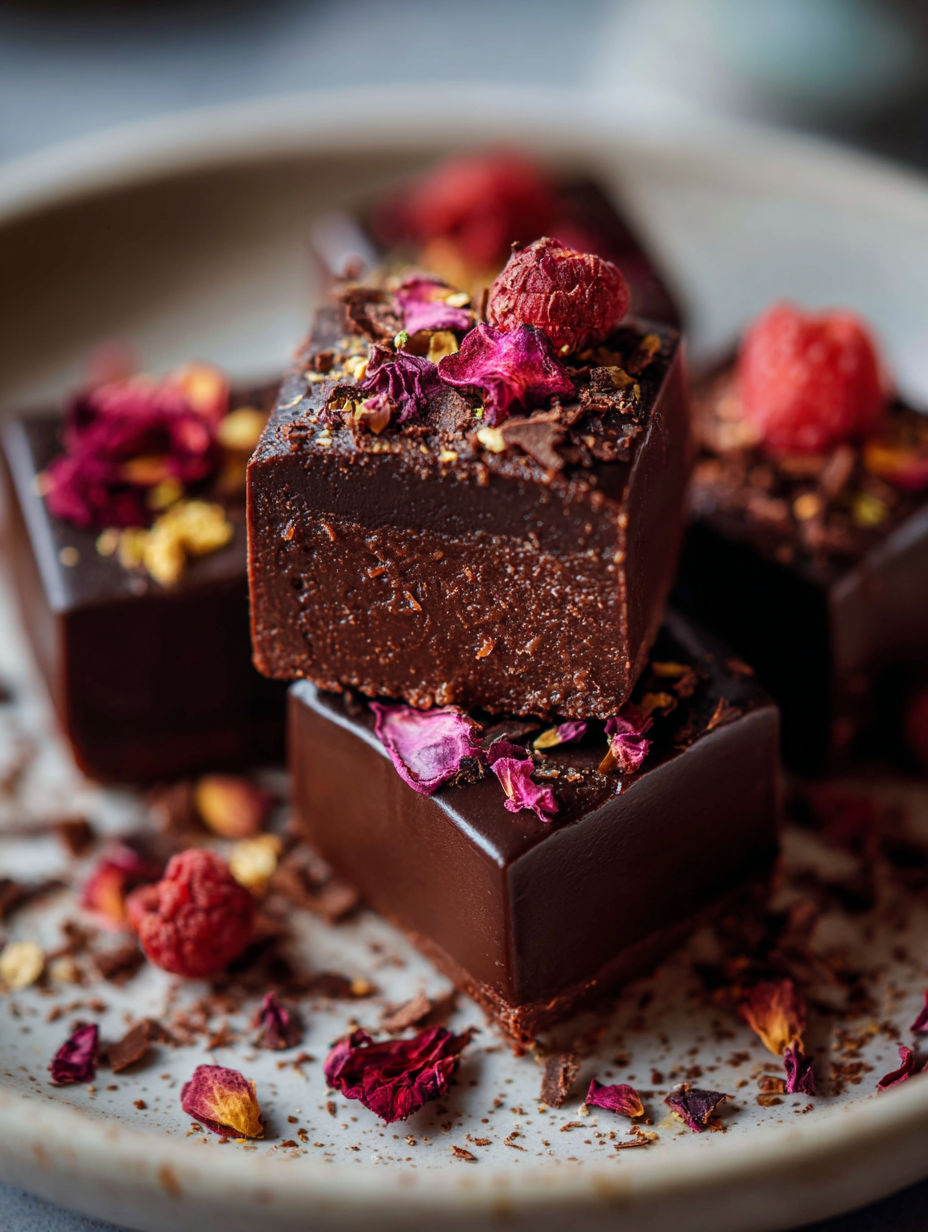 A chocolate dessert with raspberries on top.