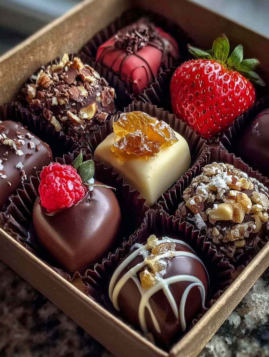 A box of chocolates with various types of chocolates and fruit.