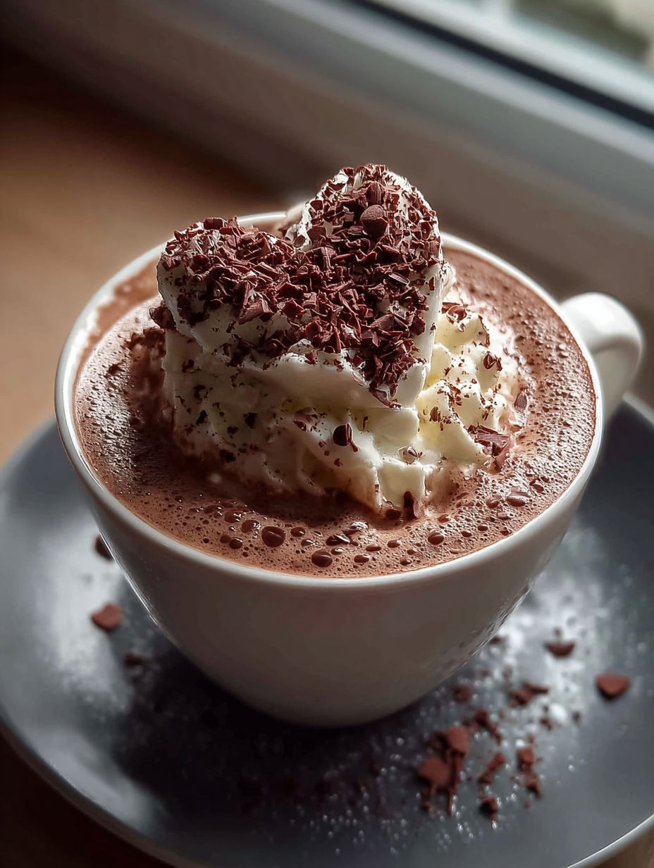 Coffee cup topped with whipped cream shaped like a heart.