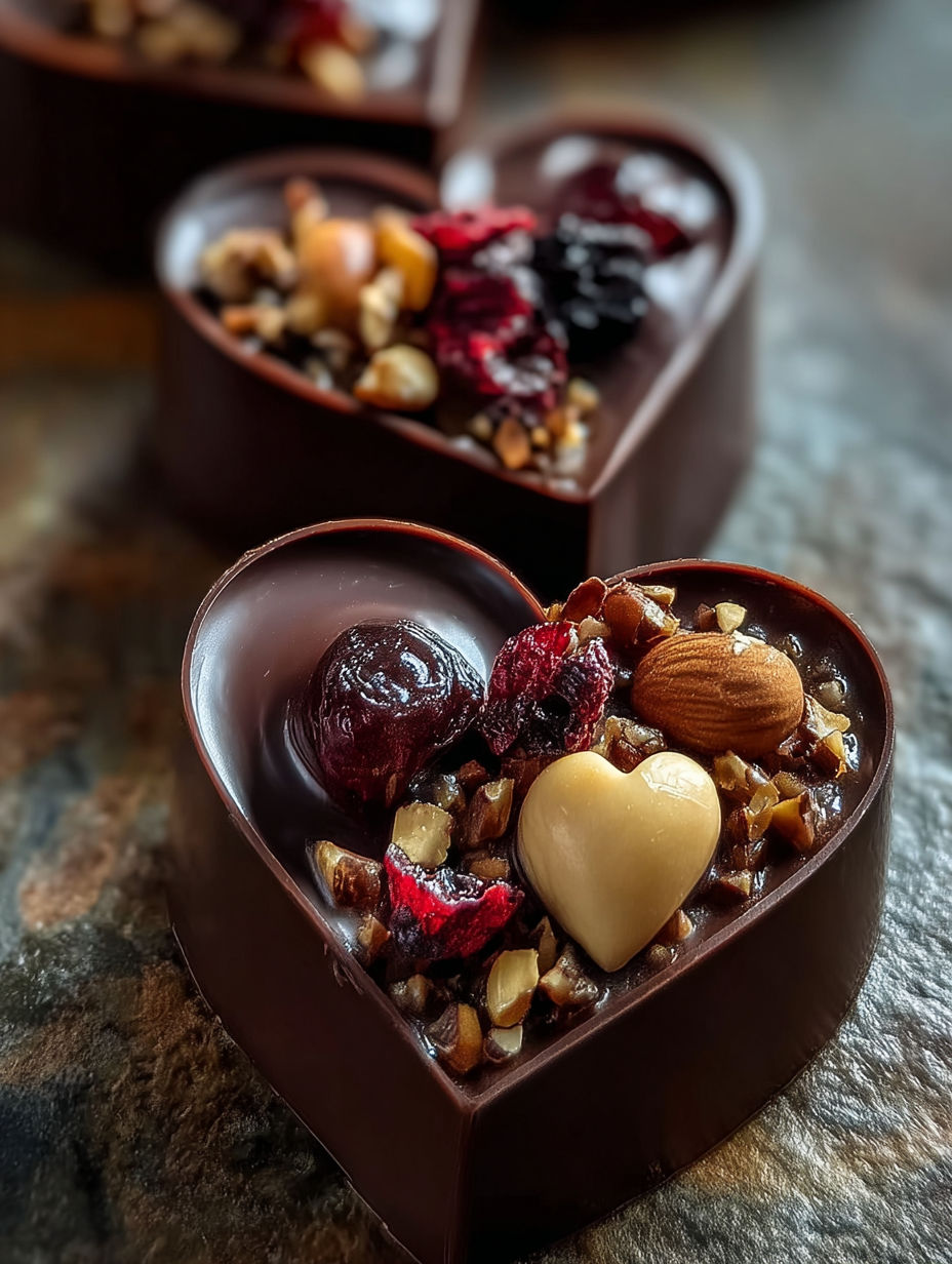 Two chocolate hearts filled with nuts and fruit.